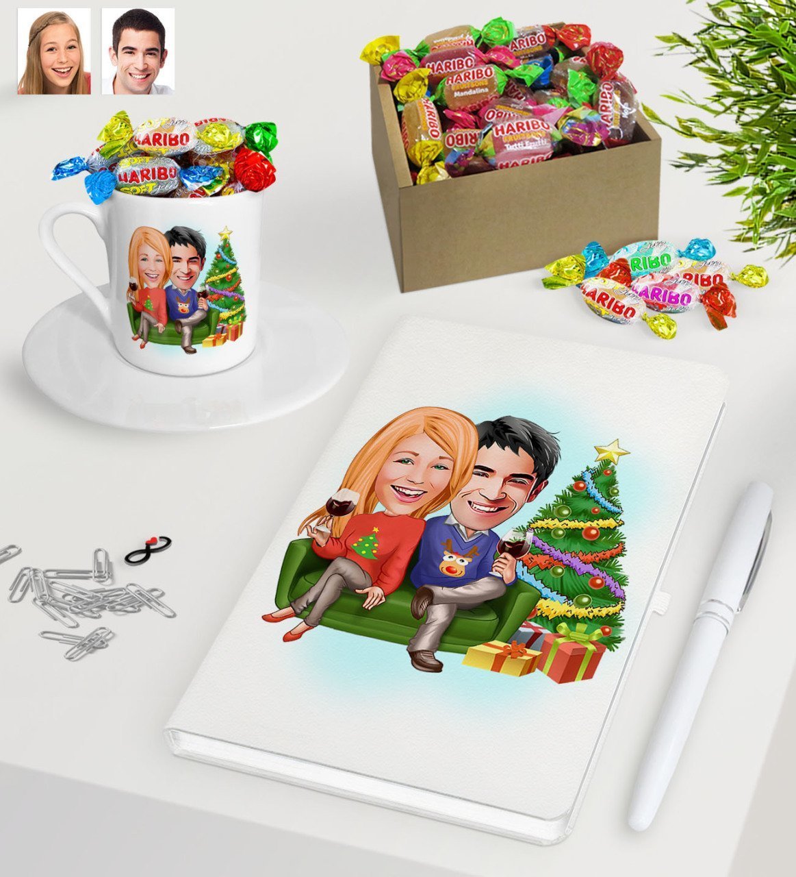 Kişiye Özel Yeni Yıl Sevgililer Karikatürlü Beyaz Defter Kalem Türk Kahvesi Fincanı ve Kutulu Haribo Şeker Hediye Seti-4