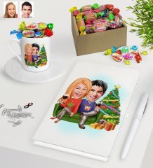 Kişiye Özel Yeni Yıl Sevgililer Karikatürlü Beyaz Defter Kalem Türk Kahvesi Fincanı ve Kutulu Haribo Şeker Hediye Seti-4