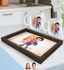 Kişiye Özel Sevgililer Karikatürlü Doğal Ahşap Tepsi ve 2’li Kupa Bardak Seti-3