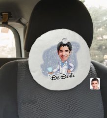 Kişiye Özel İsimli Erkek Diş Hekimi Karikatürlü Yuvarlak Araç Koltuk Yastığı-3