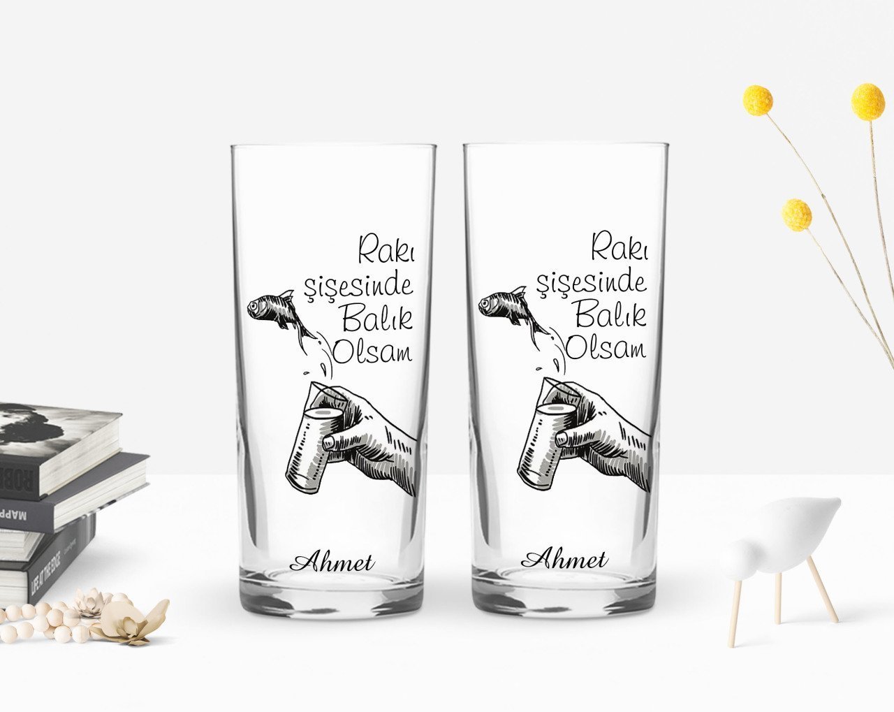 Kişiye Özel Renkli Baskılı Rakı Şişesinde Balık Olsam Tasarımlı İkili Rakı Bardağı Seti-1