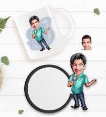 Kişiye Özel Erkek Şarkıcı Karikatürlü Beyaz Kupa ve Ahşap Bardak Altlığı Hediye Seti-1