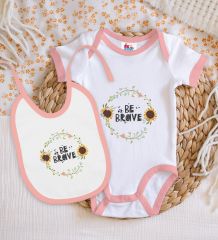 BK Kids Be Brave Tasarımlı Pembe Bebek Body Zıbın ve Mama Önlüğü Hediye Seti-2