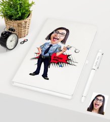 Kişiye Özel Bayan Polis Karikatürlü Beyaz Defter Kalem Seti