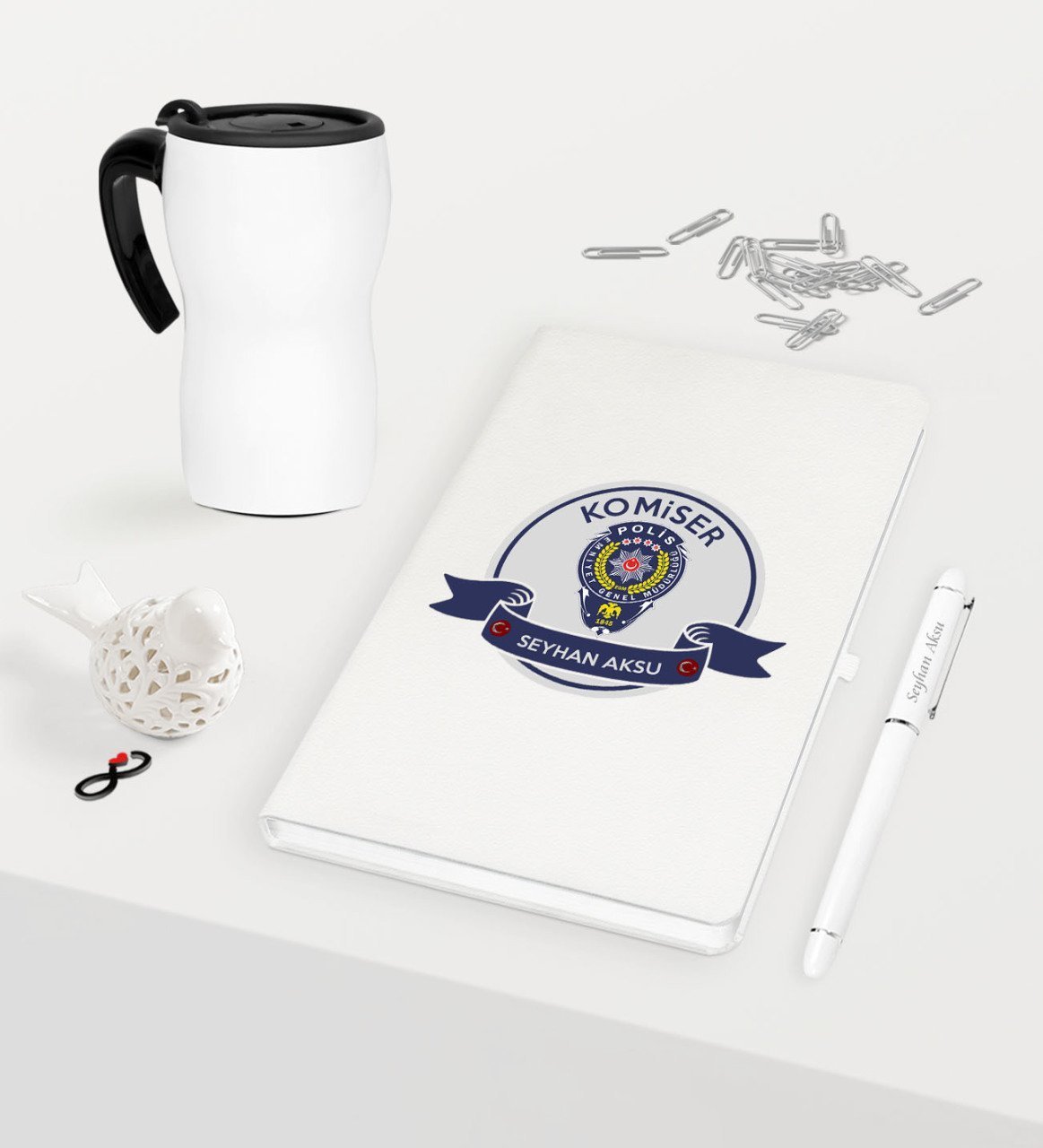 Kişiye Özel Komiser Temalı Beyaz Defter Kalem Termos Mug Seti - 1