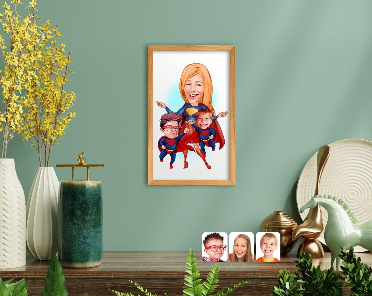 BK Home Süper Anne ve Çocuklar Karikatürlü El Yapımı Ahşap Çerçeveli Tablo-1