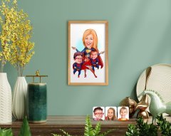BK Home Süper Anne ve Çocuklar Karikatürlü El Yapımı Ahşap Çerçeveli Tablo-1