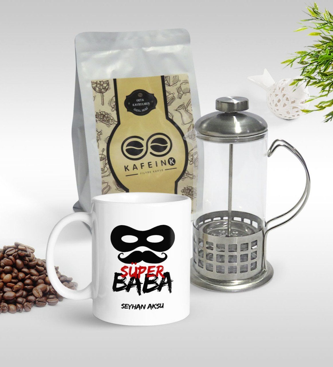 Kişiye Özel Süper Baba Tasarımlı Kupa & French Press & 250gr Filtre Kahve Hediye Seti-4