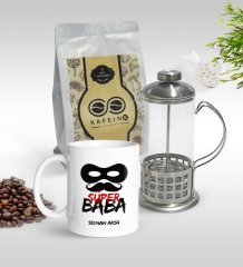 Kişiye Özel Süper Baba Tasarımlı Kupa & French Press & 250gr Filtre Kahve Hediye Seti-4