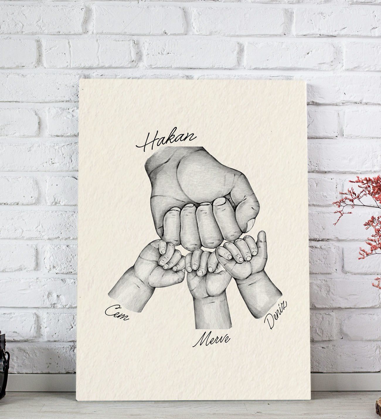 BK Gift Kişiye Özel Baba-Çocuk El Tasarımlı Siyah Beyaz Kanvas Tablo-3 20x30, Babaya Hediye, Yeni Doğum Hediyesi