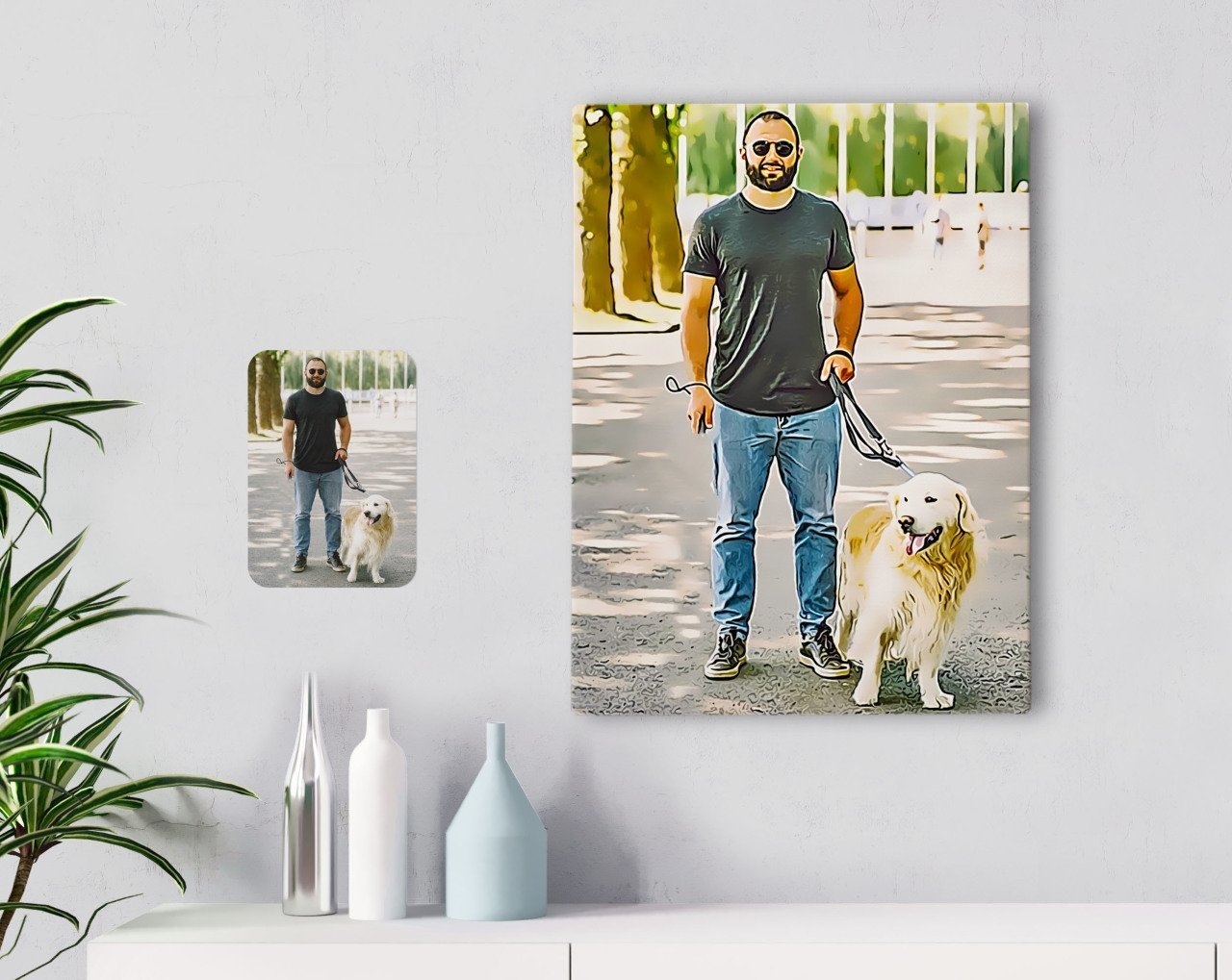 Kişiye Özel Tam Boy Erkek ve Köpek Karikatürlü Kanvas Tablo 30x50cm-1