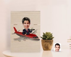 Kişiye Özel Erkek Uçuş Görevlisi Karikatürlü Otantik Masaüstü Ahşap Palet Çerçeve-1