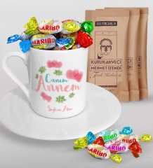 Kişiye Özel Canım Annem Tasarımlı Türk Kahvesi Fincanı Mehmet Efendi Kahve ve Haribo Şeker Hediye Seti-12