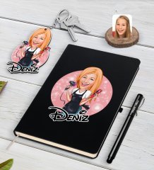 Kişiye Özel Kadın Kuaför Karikatürlü Siyah Defter Kalem Ve Anahtarlık Hediye Seti-3