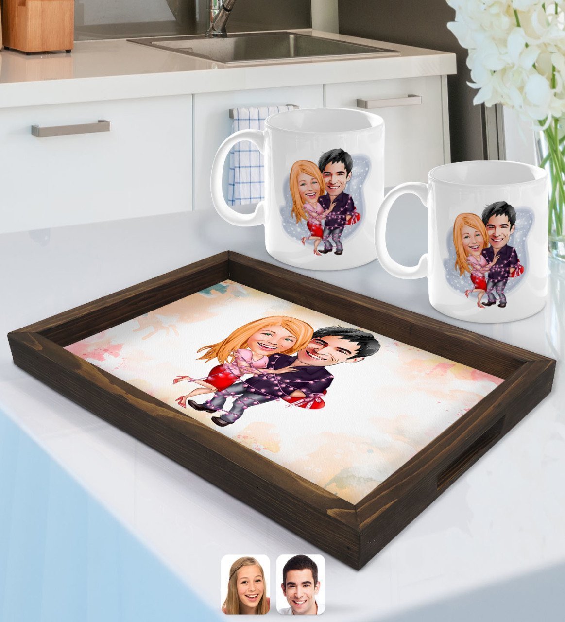 Kişiye Özel Sevgililer Karikatürlü Doğal Ahşap Tepsi ve 2’li Kupa Bardak Seti-2