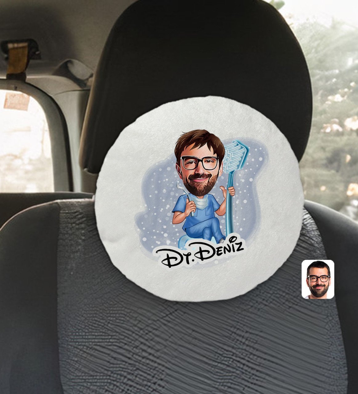Kişiye Özel İsimli Erkek Diş Hekimi Karikatürlü Yuvarlak Araç Koltuk Yastığı-2