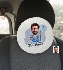 Kişiye Özel İsimli Erkek Diş Hekimi Karikatürlü Yuvarlak Araç Koltuk Yastığı-2