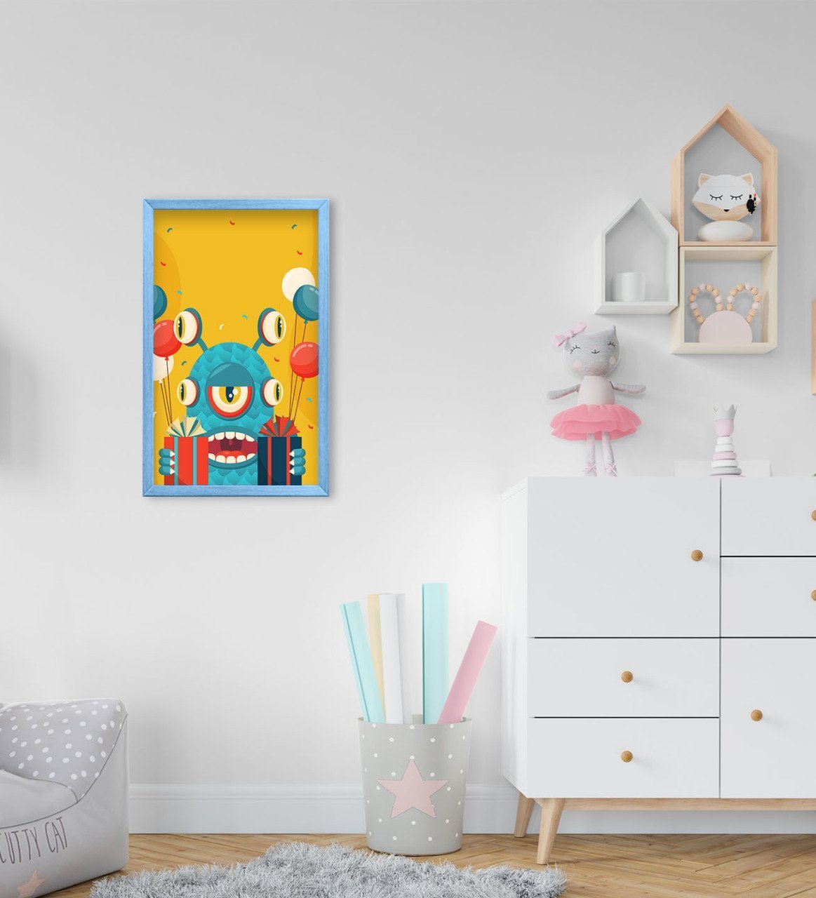 BK Home Tatlı Canavar Tasarımlı Dekoratif Mavi Ahşap Çerçeveli Çocuk Odası Tablo-4