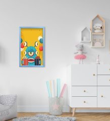 BK Home Tatlı Canavar Tasarımlı Dekoratif Mavi Ahşap Çerçeveli Çocuk Odası Tablo-4