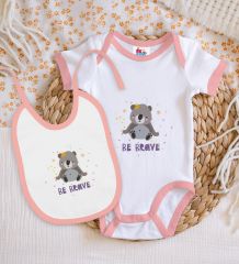 BK Kids Be Brave Tasarımlı Pembe Bebek Body Zıbın ve Mama Önlüğü Hediye Seti-1
