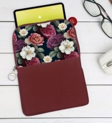 BK Gift Çiçekler Tasarımlı Taşınabilir Koruyucu Tablet Kılıfı & Organizer Çanta - Bordo-2