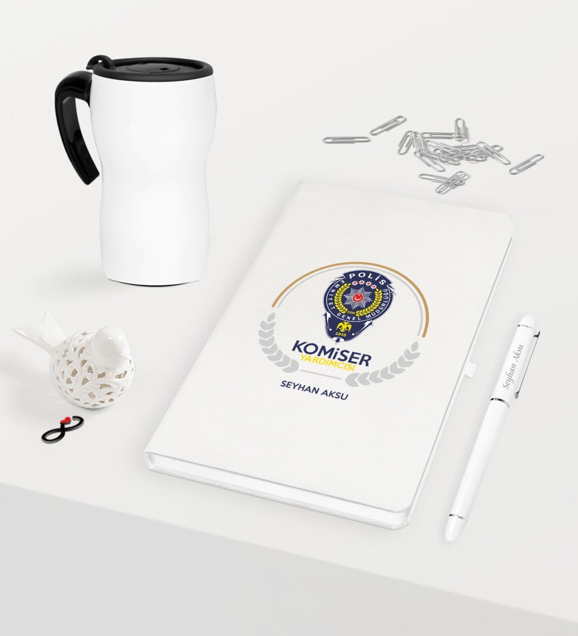 Kişiye Özel Komiser Yardımcısı Temalı Beyaz Defter Kalem Termos Mug Seti - 2