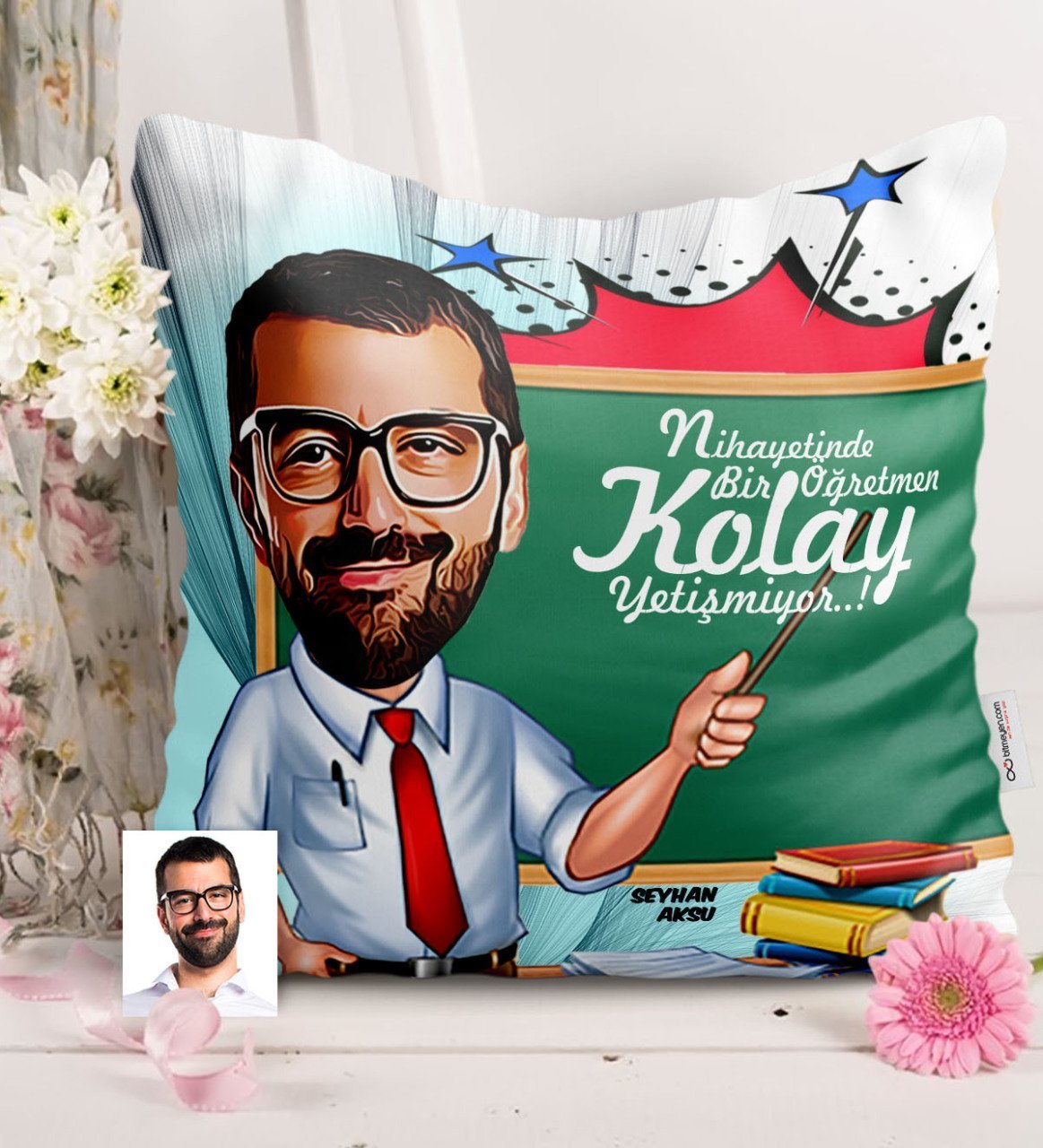 Kişiye Özel Bay Öğretmen Karikatürlü Saten Yastık - 1