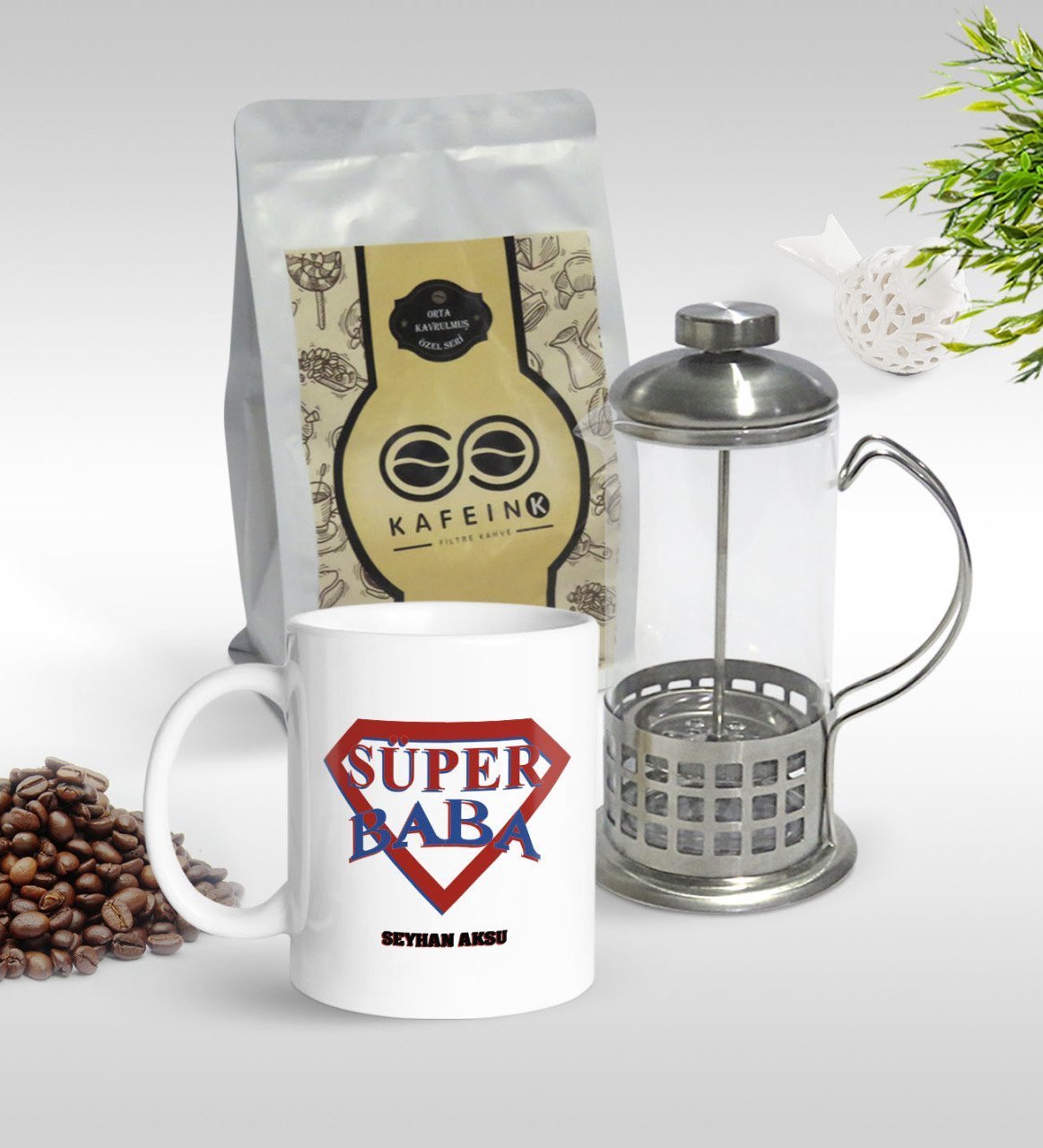 Kişiye Özel Süper Baba Tasarımlı Kupa & French Press & 250gr Filtre Kahve Hediye Seti-3
