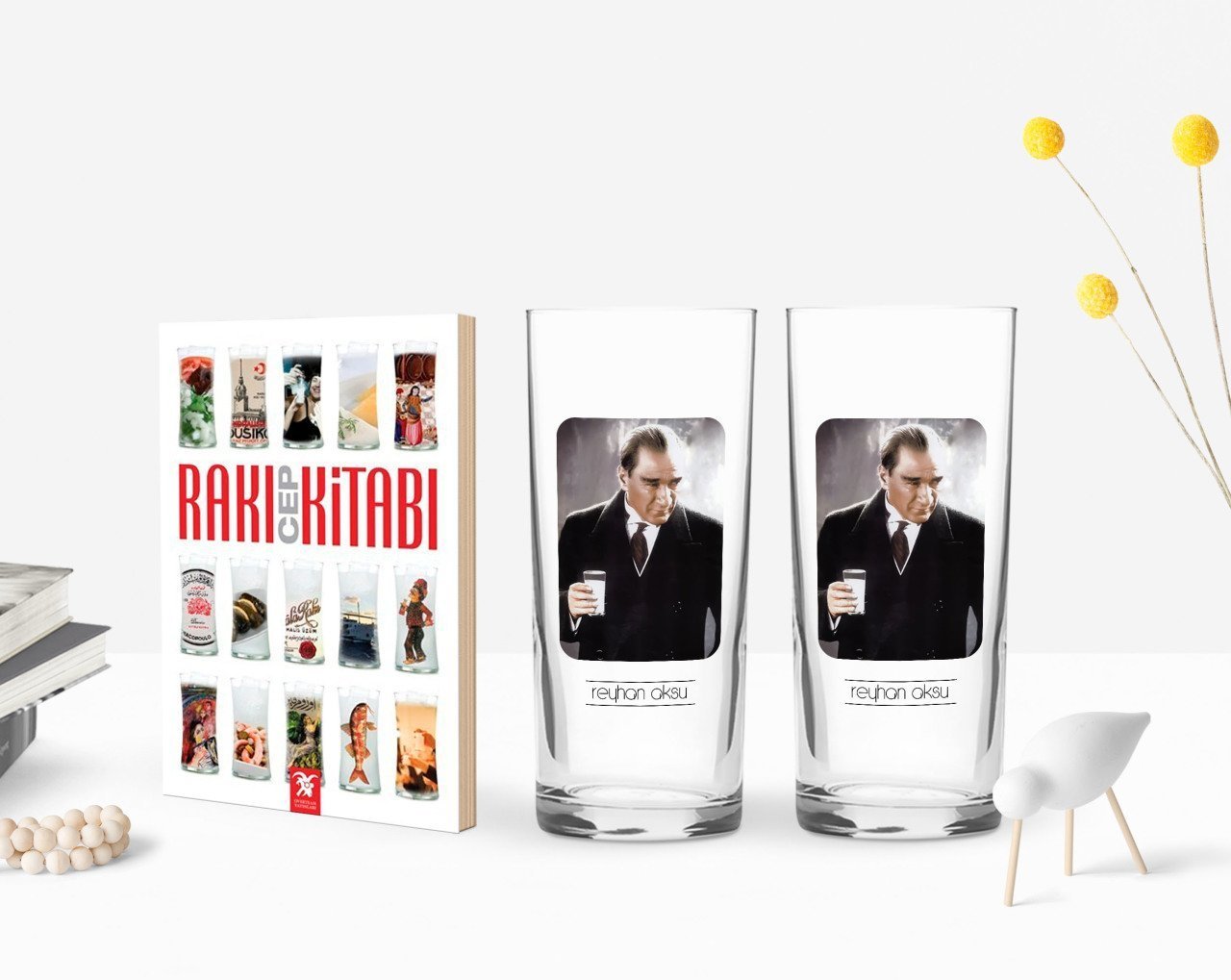 Kişiye Özel Renkli Baskılı Atatürk Temalı İkili Rakı Bardağı ve Rakı Cep Kitabı Hediye Seti-33