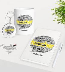 Kişiye Özel İngilizce Öğretmeni Kupa Anahtarlık Beyaz Defter Kalem Hediye Seti-13