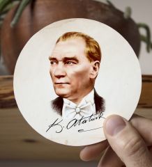 BK Gift Kişiye Özel Atatürk Temalı Beyaz Kupa Bardak ve Yuvarlak Ahşap Bardak Altlığı Hediye Seti -15