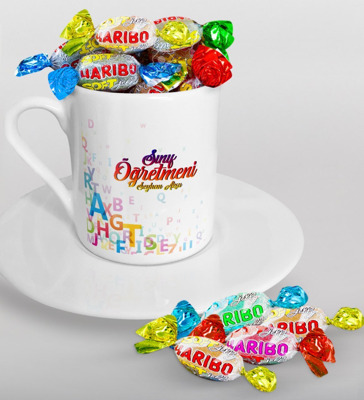 Kişiye Özel Sınıf Öğretmeni Türk Kahvesi Fincanı ve Haribo Şeker Hediye Seti-12