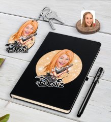 Kişiye Özel Kadın Kuaför Karikatürlü Siyah Defter Kalem Ve Anahtarlık Hediye Seti-2