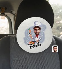 Kişiye Özel İsimli Erkek Chef Karikatürlü Yuvarlak Araç Koltuk Yastığı-1