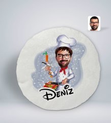 Kişiye Özel İsimli Erkek Chef Karikatürlü Yuvarlak Araç Koltuk Yastığı-1