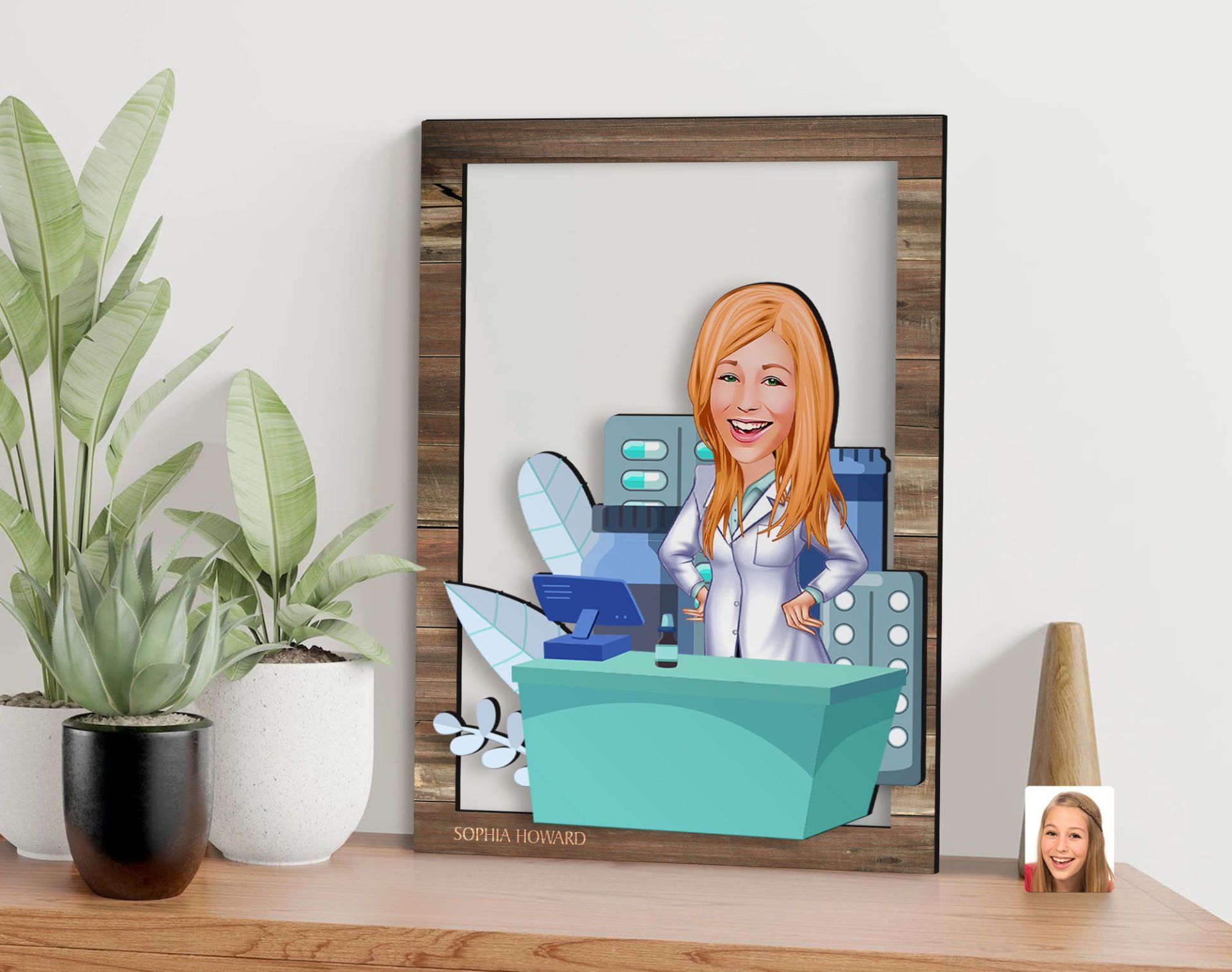 BK Gift Kişiye Özel Kadın Eczacı Karikatürlü 3D Ahşap Tablo, Sevgiliye Hediye, Arkadaşa Hediye, Yıl Dönümü Hediyesi, Doğum Günü Hediyesi-4