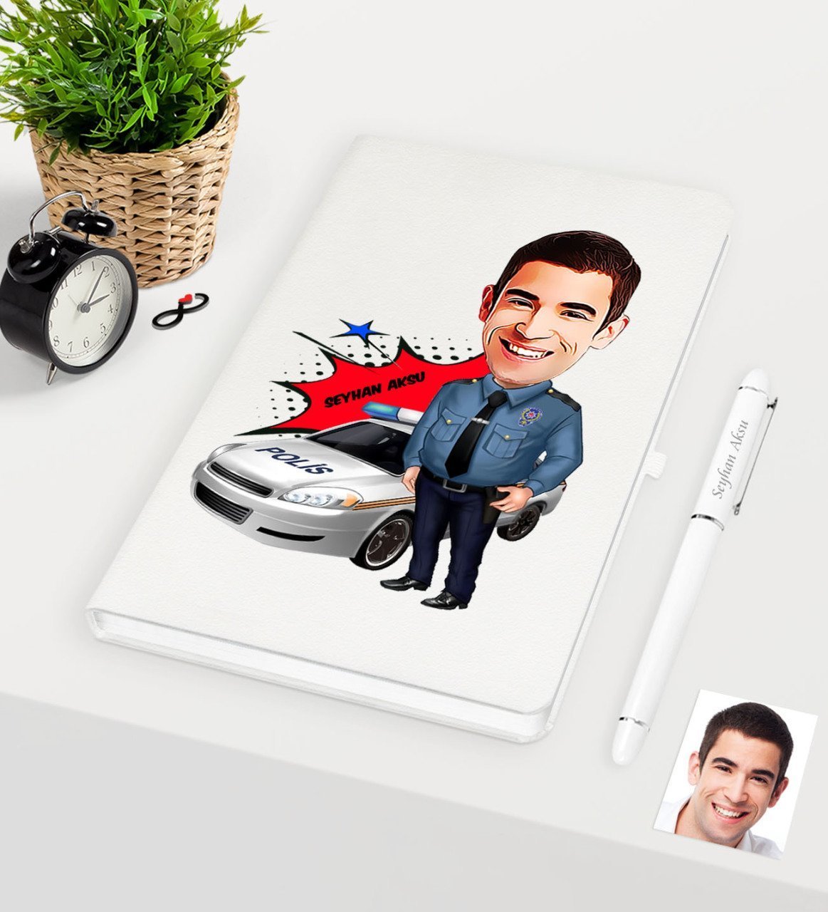 Kişiye Özel Bay Trafik Polisi Karikatürlü Beyaz Defter Kalem Seti - 2