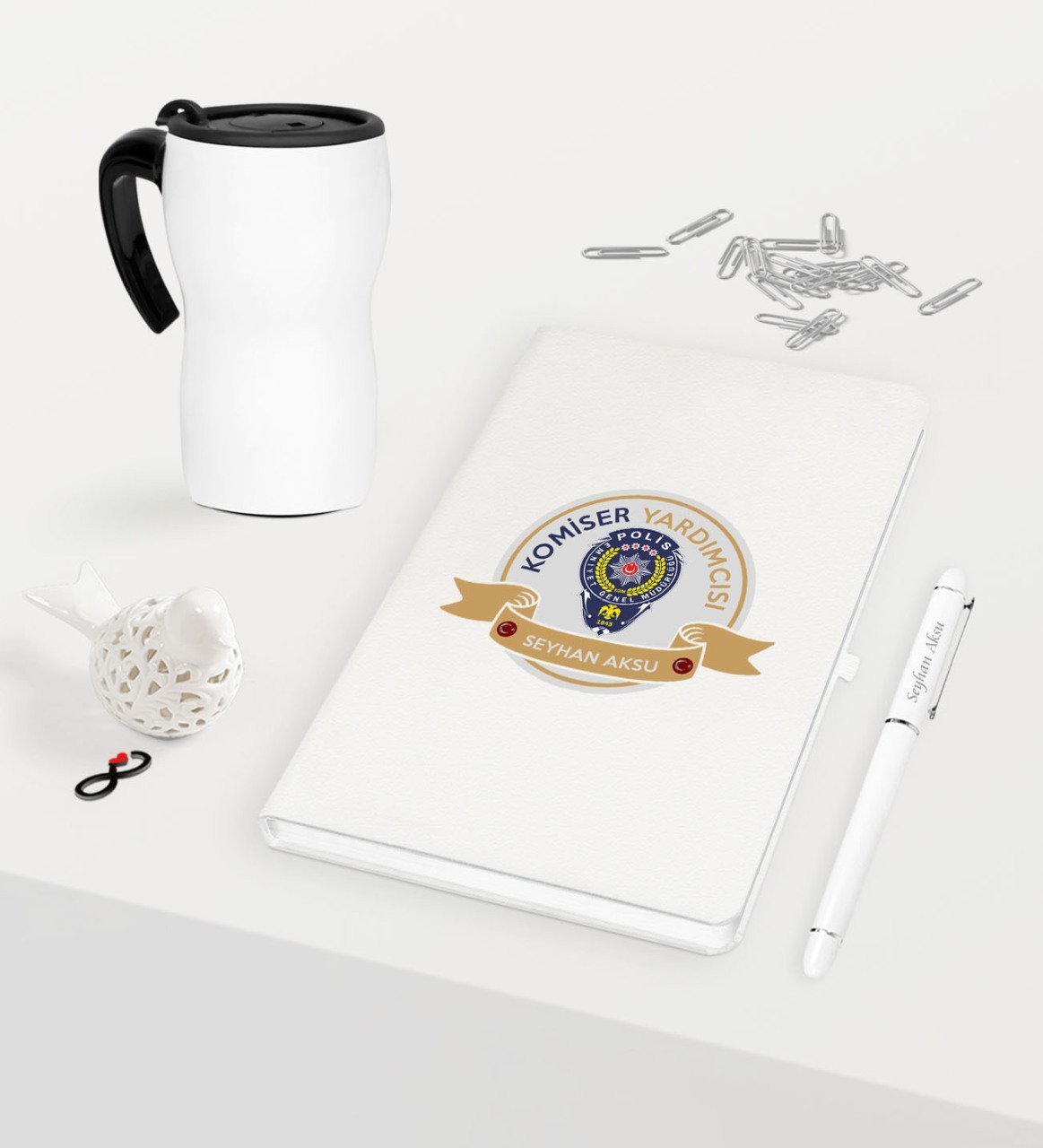 Kişiye Özel Komiser Yardımcısı Temalı Beyaz Defter Kalem Termos Mug Seti - 1