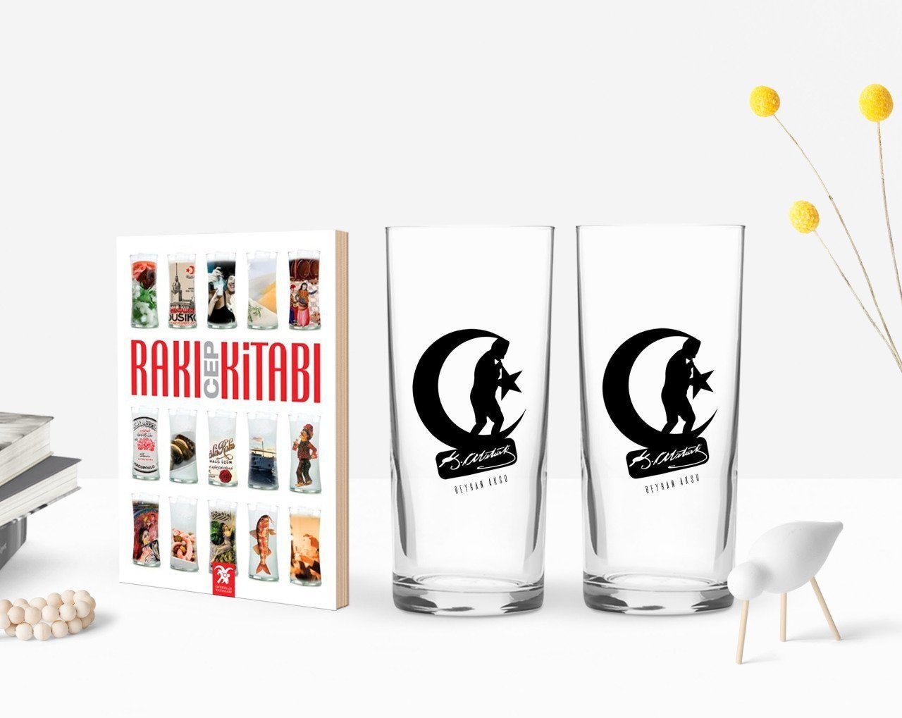 Kişiye Özel Renkli Baskılı Atatürk Temalı İkili Rakı Bardağı ve Rakı Cep Kitabı Hediye Seti-32