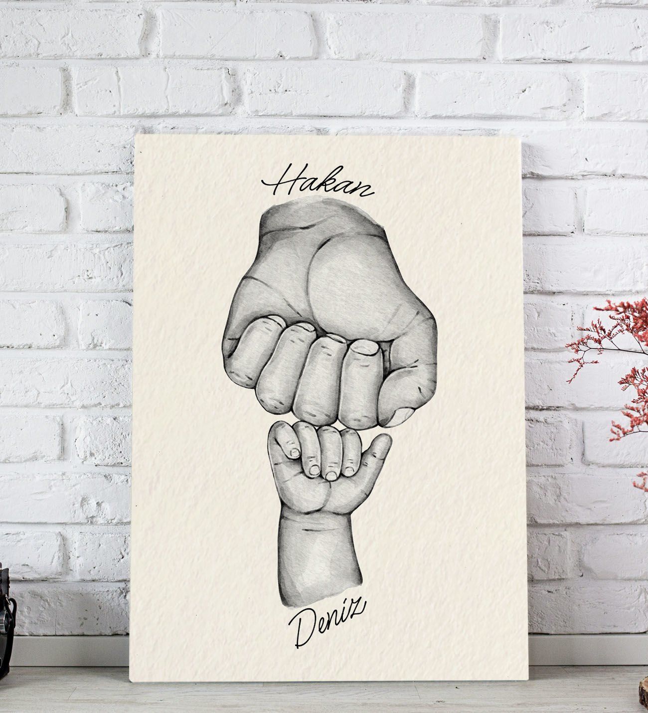 BK Gift Kişiye Özel Baba-Çocuk El Tasarımlı Siyah Beyaz Kanvas Tablo-1 20x30, Babaya Hediye, Yeni Doğum Hediyesi