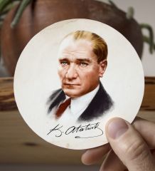 BK Gift Kişiye Özel Atatürk Temalı Beyaz Kupa Bardak ve Yuvarlak Ahşap Bardak Altlığı Hediye Seti -12