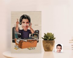 Kişiye Özel Erkek Radyocu Karikatürlü Otantik Masaüstü Ahşap Palet Çerçeve-1