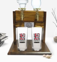 Kişiye Özel Renkli Baskılı Harf Tasarımlı İkili Rakı Bardağı ve Çift Musluklu Doğal Ahşap Rakı Standı-7