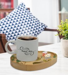 Kişiye Özel Kivi Tasarımlı Doğal Ahşap Tabaklı Türk Kahvesi Fincanı Sunum Seti Model 1