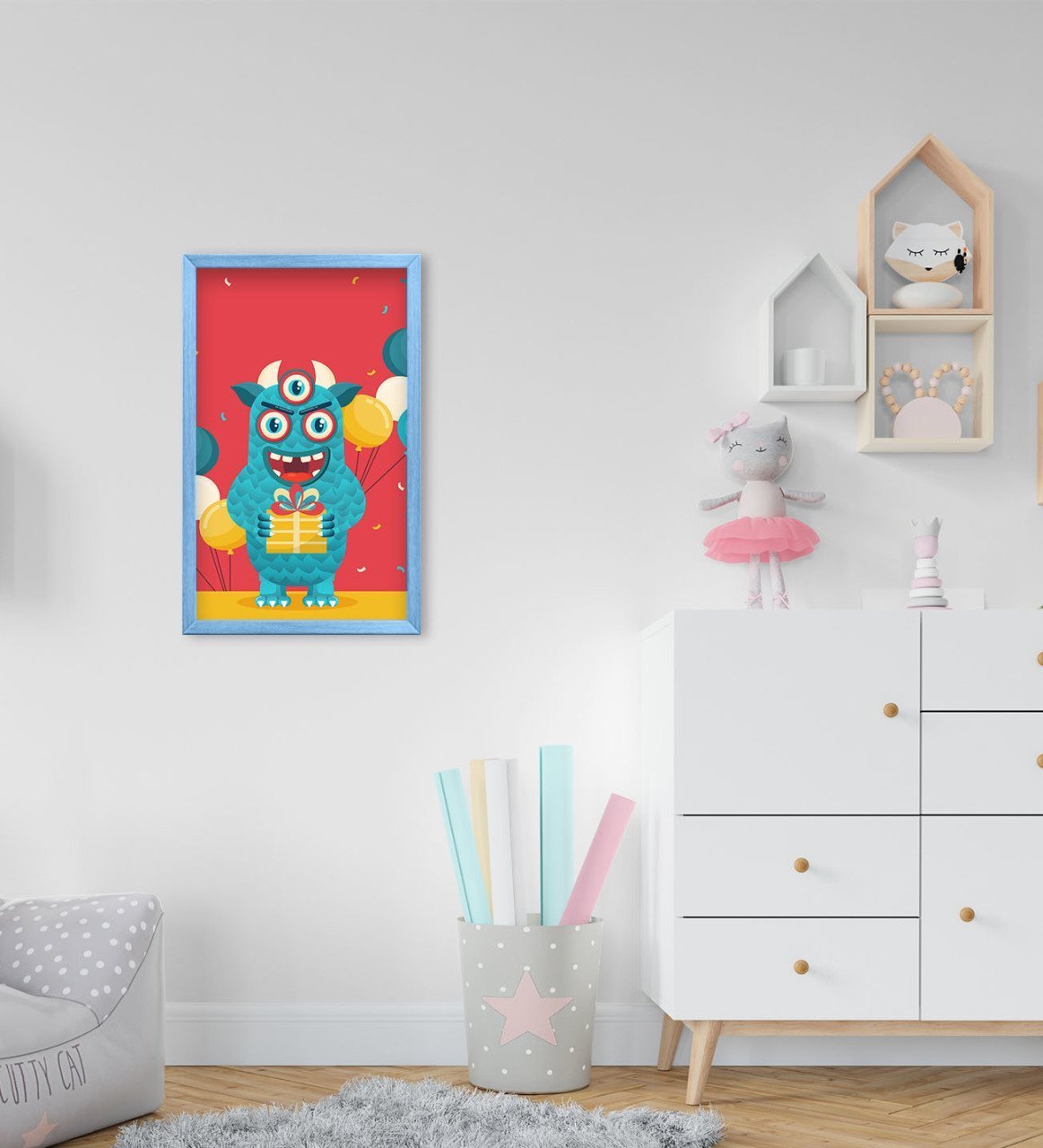 BK Home Tatlı Canavar Tasarımlı Dekoratif Mavi Ahşap Çerçeveli Çocuk Odası Tablo-2