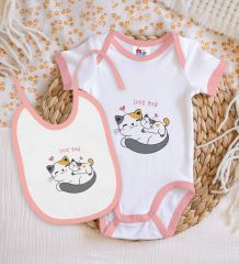 BK Kids Love You Tasarımlı Pembe Bebek Body Zıbın ve Mama Önlüğü Hediye Seti-1
