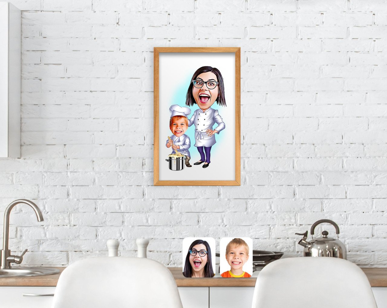 BK Home Anne Oğul Chef Karikatürlü El Yapımı Ahşap Çerçeveli Tablo-1