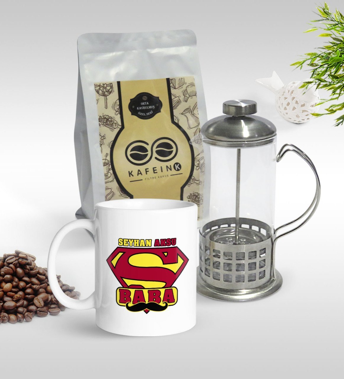 Kişiye Özel Süper Baba Tasarımlı Kupa & French Press & 250gr Filtre Kahve Hediye Seti-1