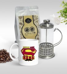 Kişiye Özel Süper Baba Tasarımlı Kupa & French Press & 250gr Filtre Kahve Hediye Seti-1