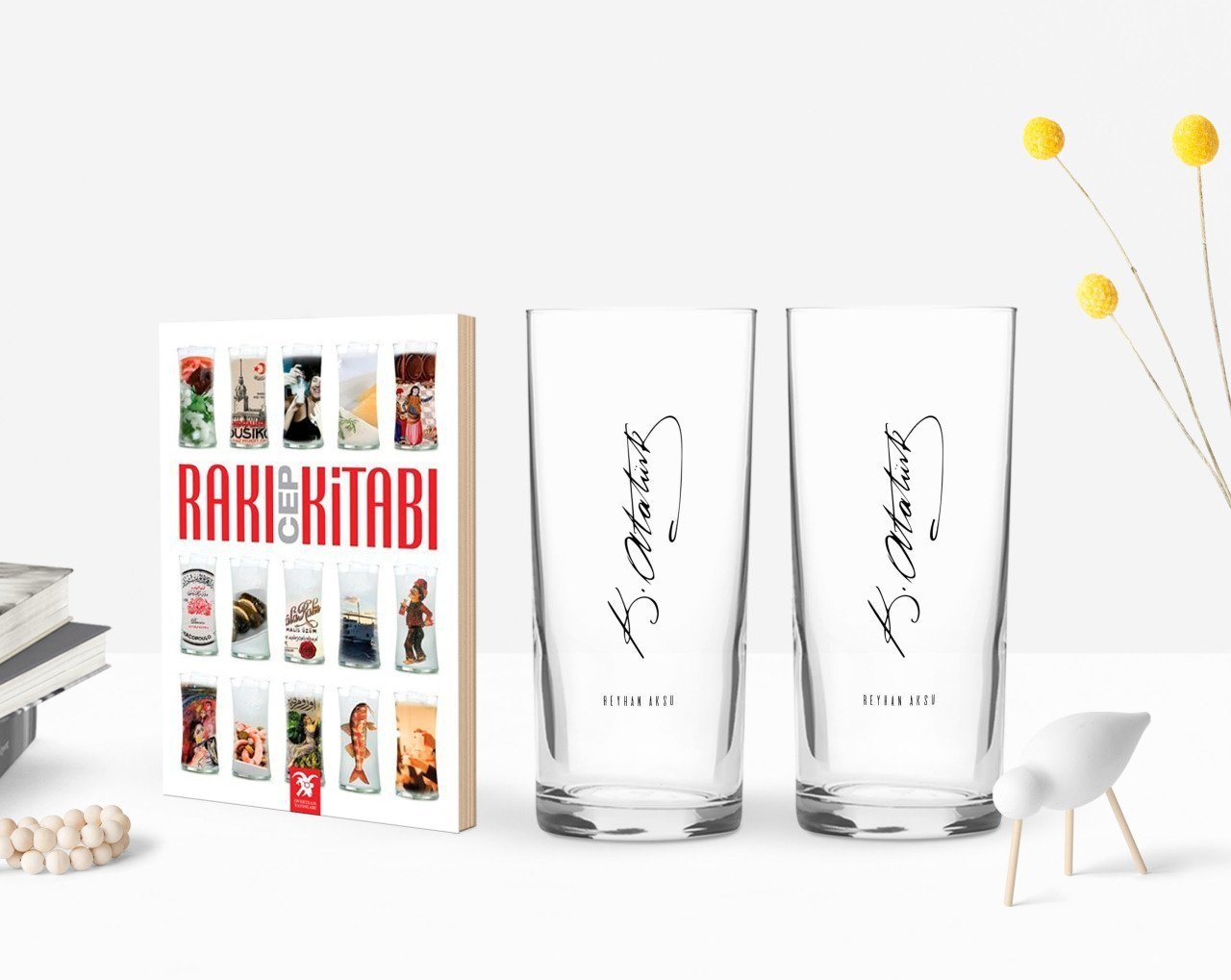 Kişiye Özel Renkli Baskılı Atatürk Temalı İkili Rakı Bardağı ve Rakı Cep Kitabı Hediye Seti-31